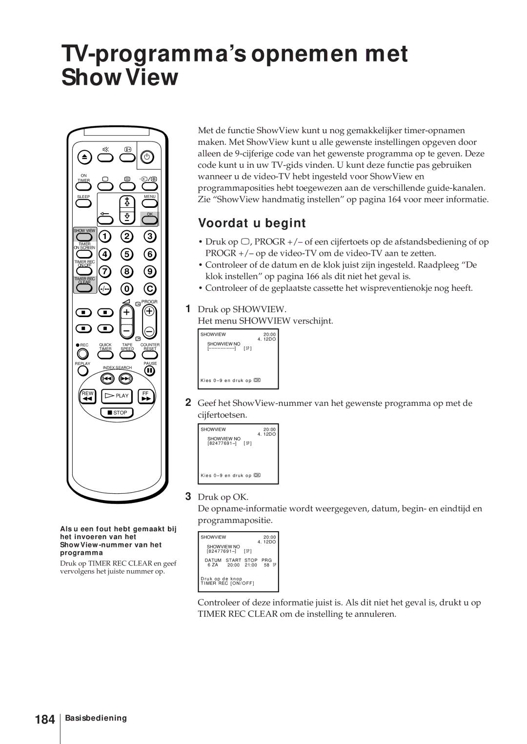 Sony KV-14V6D, KV-21V6D, KV-14V5D, KV-21V5D operating instructions TV-programma’s opnemen met ShowView, 184 