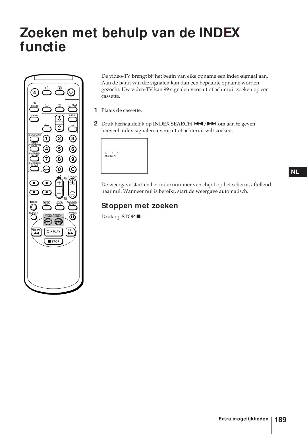 Sony KV-21V6D, KV-14V6D, KV-14V5D, KV-21V5D Zoeken met behulp van de Index functie, Stoppen met zoeken, 189 