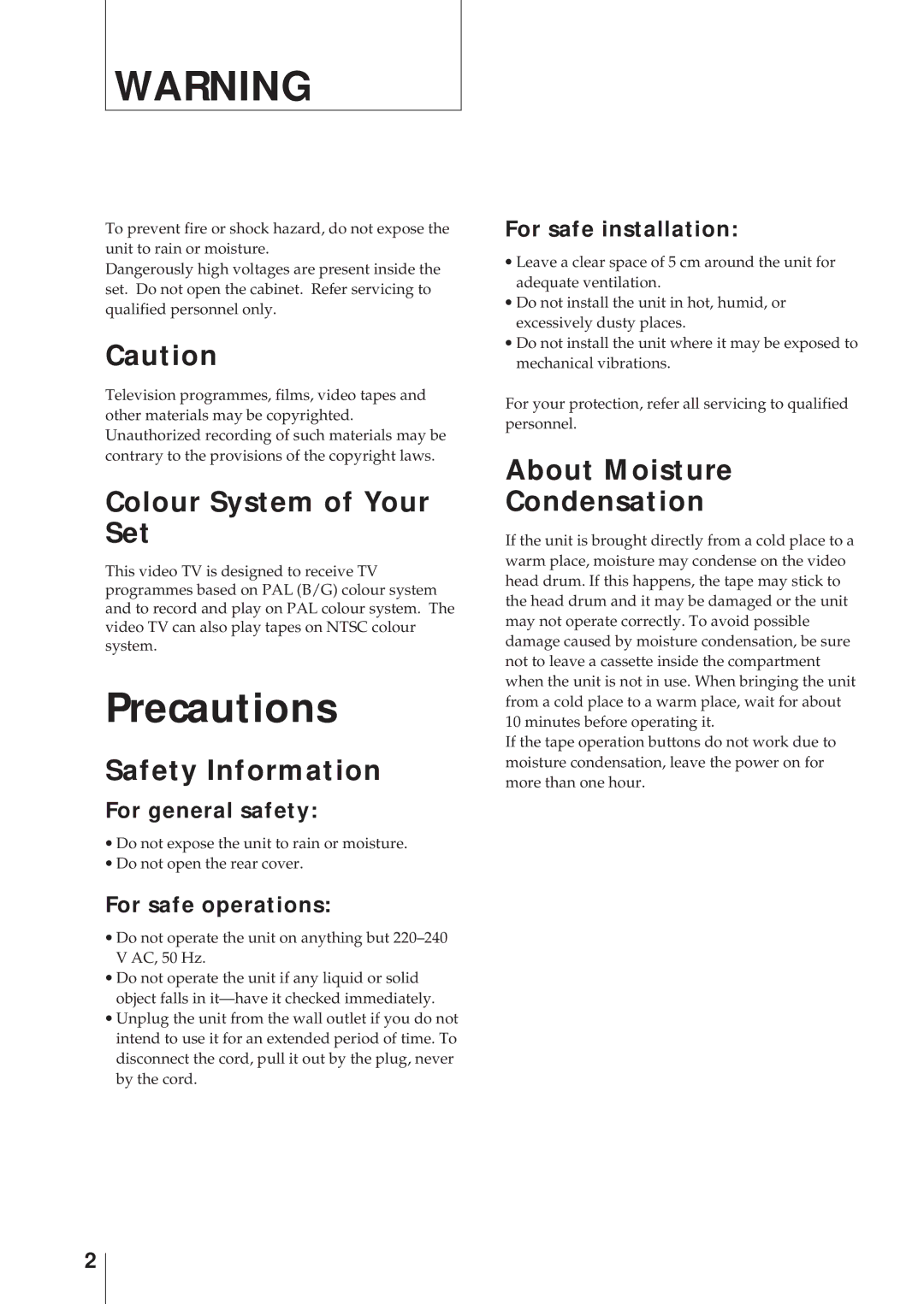 Sony KV-14V5D, KV-14V6D, KV-21V6D Precautions, Colour System of Your Set, Safety Information, About Moisture Condensation 