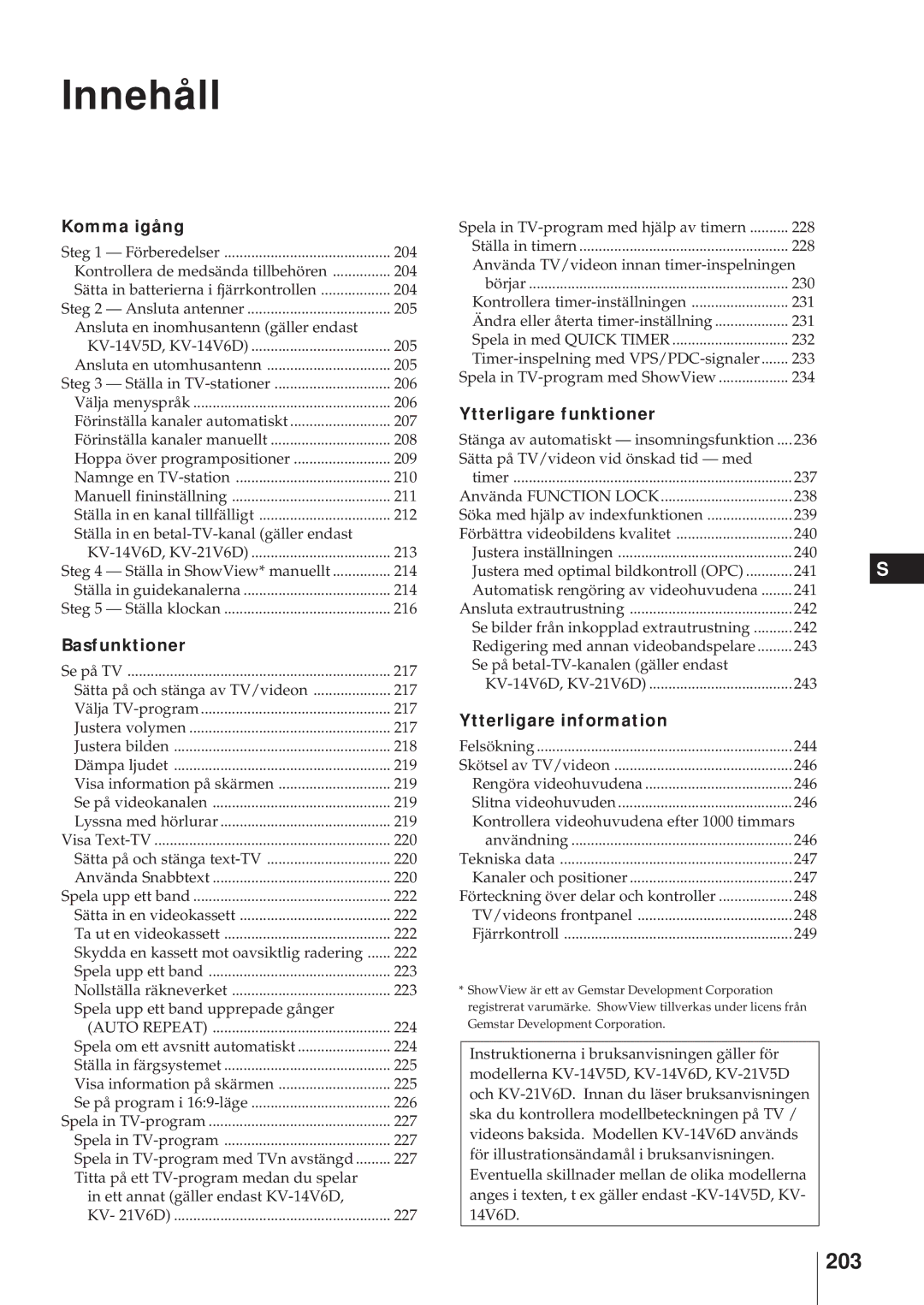 Sony KV-21V5D, KV-14V6D, KV-21V6D, KV-14V5D operating instructions Innehåll, 203 