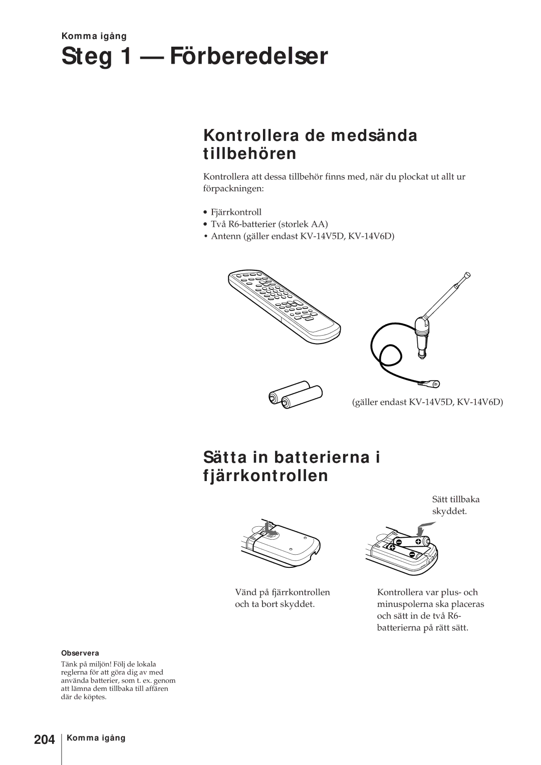 Sony KV-14V6D Steg 1 Förberedelser, Kontrollera de medsända tillbehören, Sätta in batterierna i fjärrkontrollen, 204 