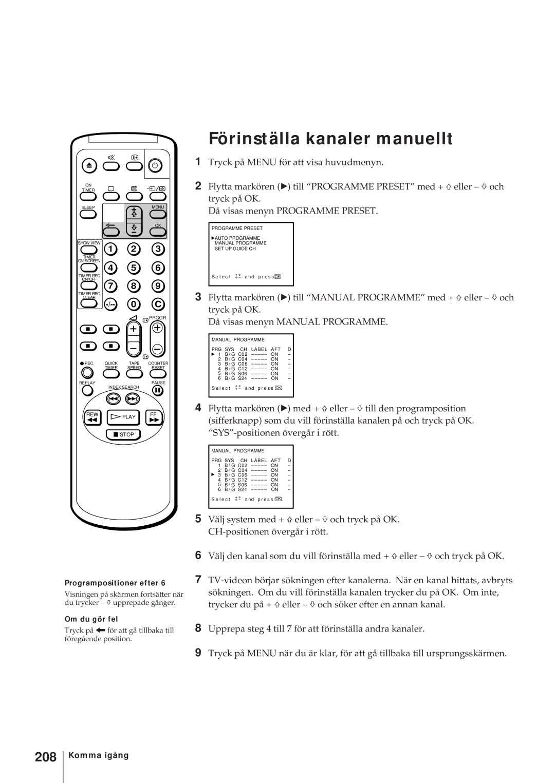 Sony KV-14V6D, KV-21V6D, KV-14V5D, KV-21V5D operating instructions Programpositioner efter, Om du gör fel 