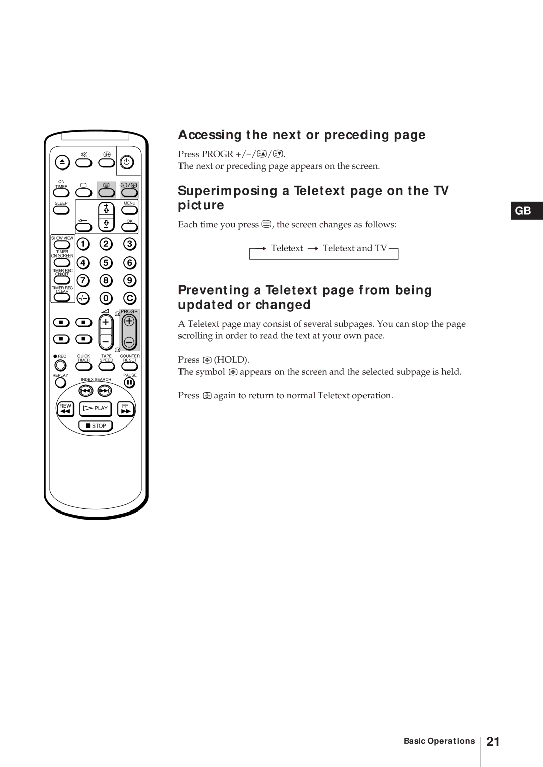 Sony KV-21V6D, KV-14V6D, KV-14V5D, KV-21V5D Accessing the next or preceding, Superimposing a Teletext page on the TV Picture 