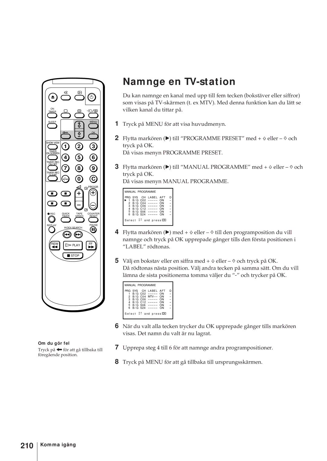 Sony KV-14V5D, KV-14V6D, KV-21V6D, KV-21V5D operating instructions Namnge en TV-station, 210 