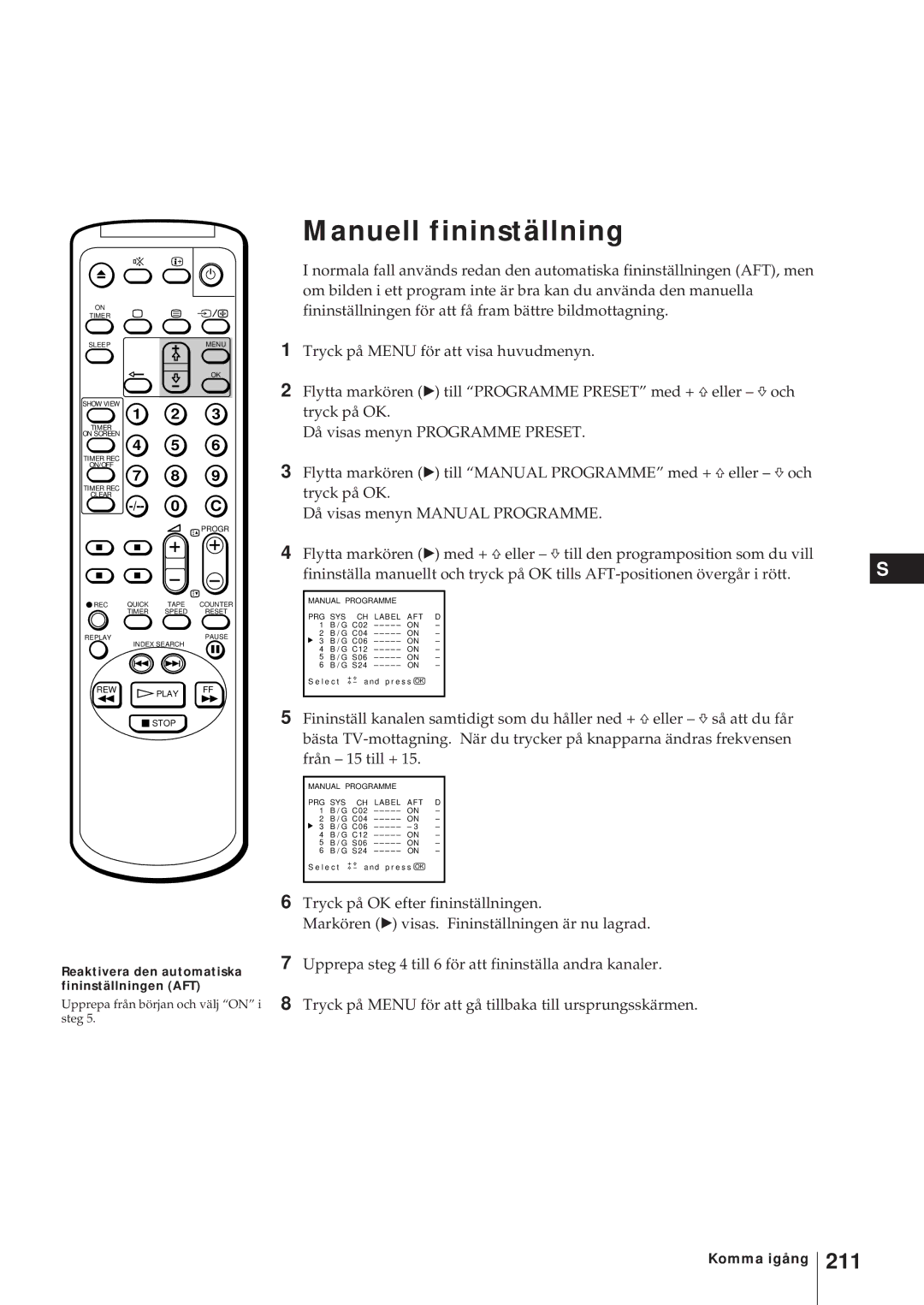 Sony KV-21V5D, KV-14V6D, KV-21V6D, KV-14V5D operating instructions 211, Reaktivera den automatiska fininställningen AFT 