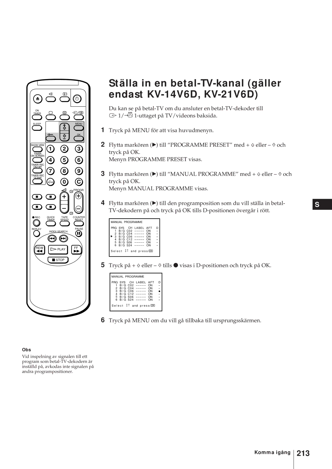 Sony KV-21V6D, KV-14V6D, KV-14V5D, KV-21V5D operating instructions 213, Obs 