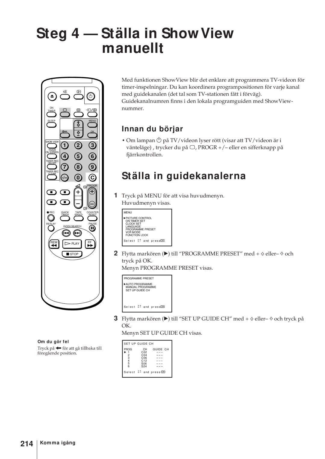 Sony KV-14V5D, KV-14V6D, KV-21V6D, KV-21V5D Steg 4 Ställa in ShowView manuellt, Ställa in guidekanalerna, 214 