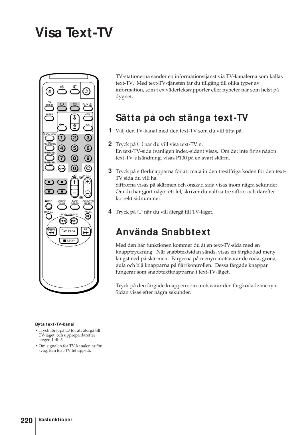 Sony KV-14V6D, KV-21V6D, KV-14V5D Visa Text-TV, Sätta på och stänga text-TV, Använda Snabbtext, 220, Byta text-TV-kanal 