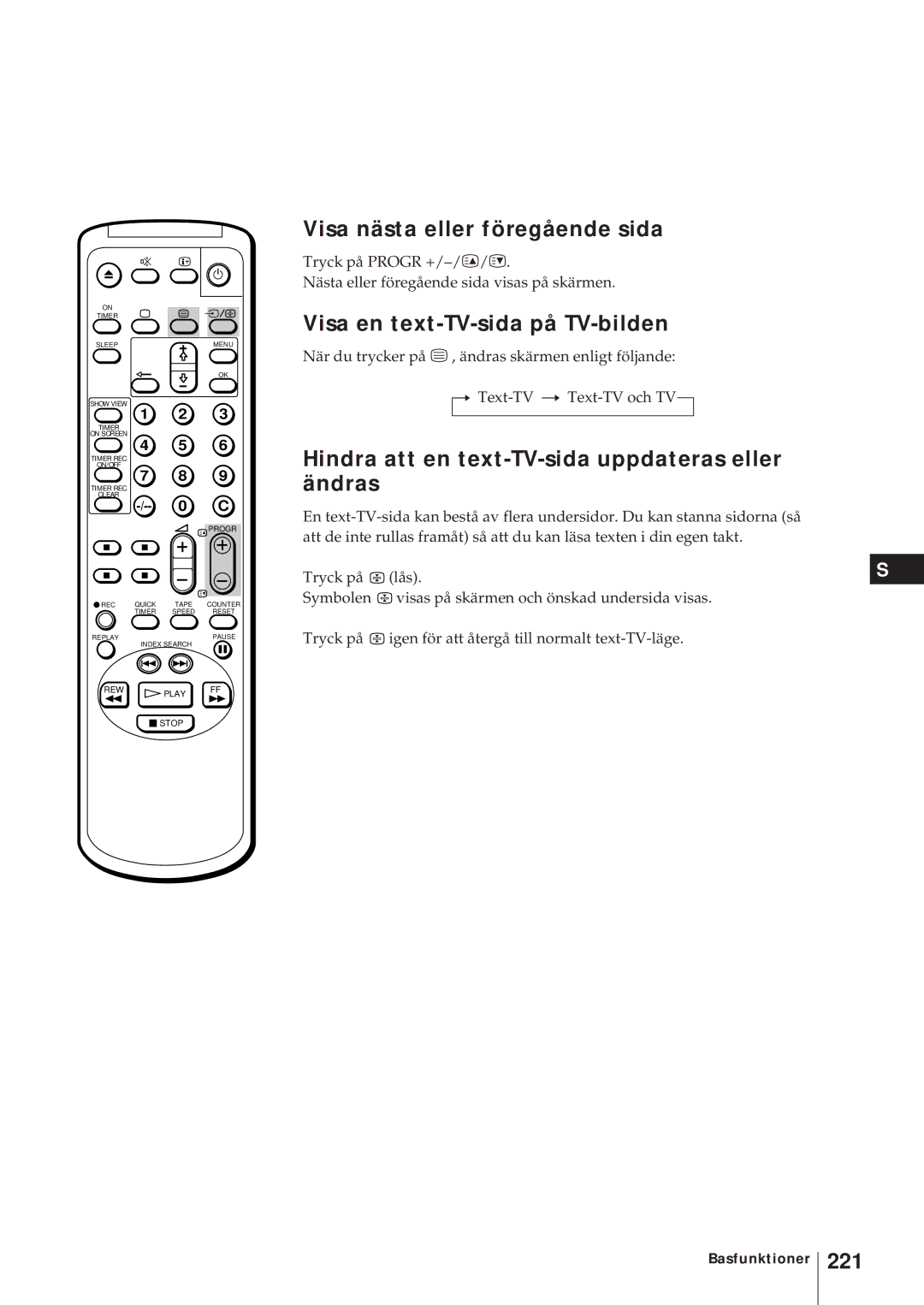 Sony KV-21V6D, KV-14V6D, KV-14V5D, KV-21V5D Visa nästa eller föregående sida, Visa en text-TV-sida på TV-bilden, 221 