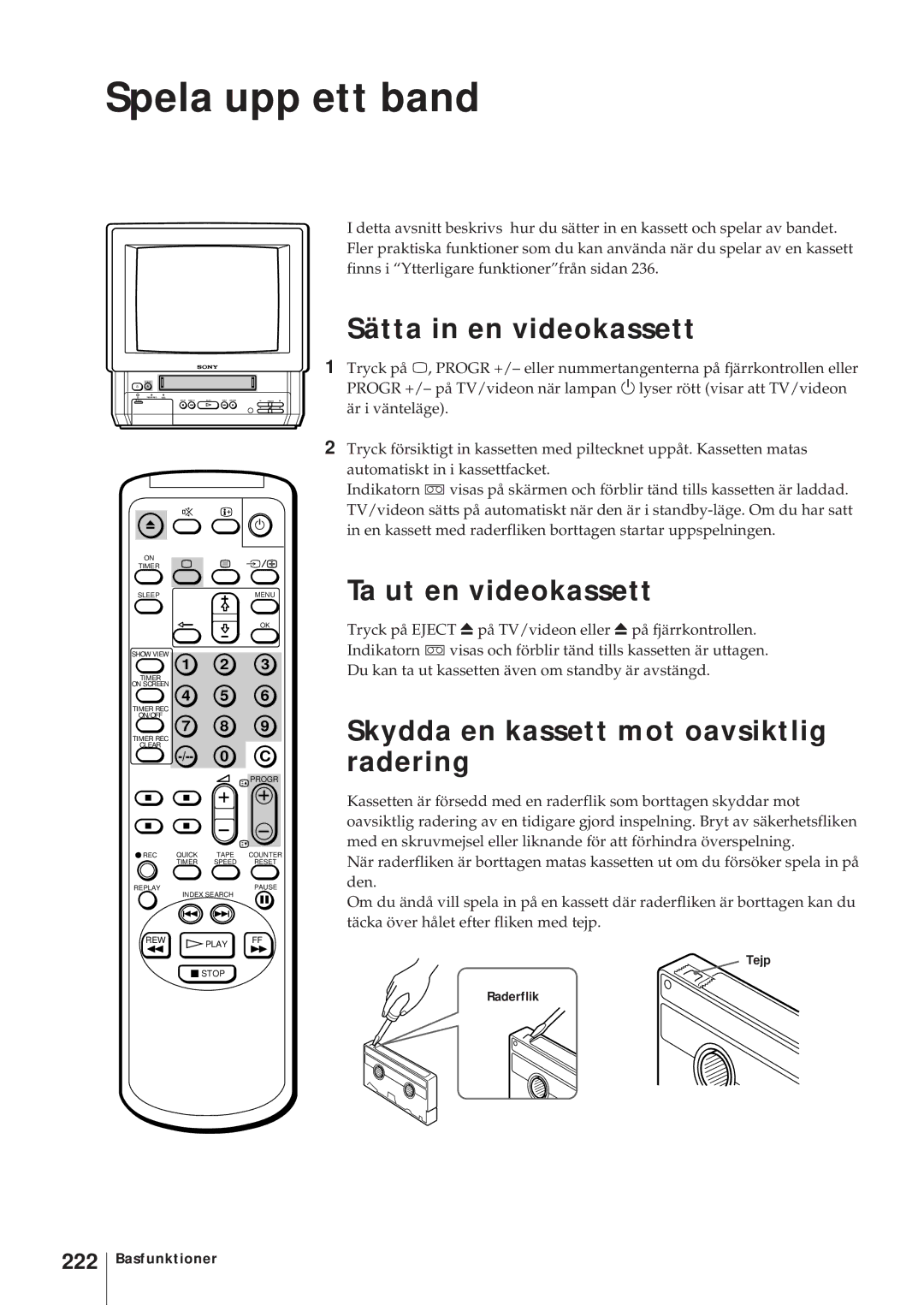 Sony KV-14V5D, KV-14V6D, KV-21V6D, KV-21V5D Spela upp ett band, Sätta in en videokassett, Ta ut en videokassett, 222 