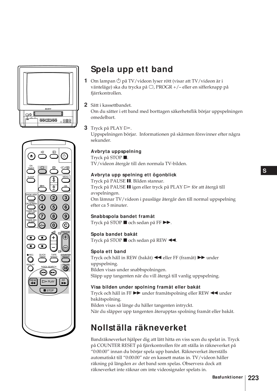 Sony KV-21V5D, KV-14V6D, KV-21V6D, KV-14V5D operating instructions Spela upp ett band, Nollställa räkneverket, 223 