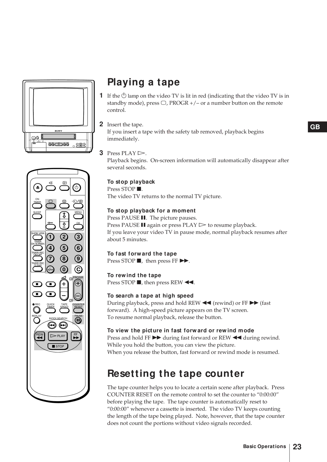 Sony KV-21V5D, KV-14V6D, KV-21V6D, KV-14V5D operating instructions Playing a tape, Resetting the tape counter 