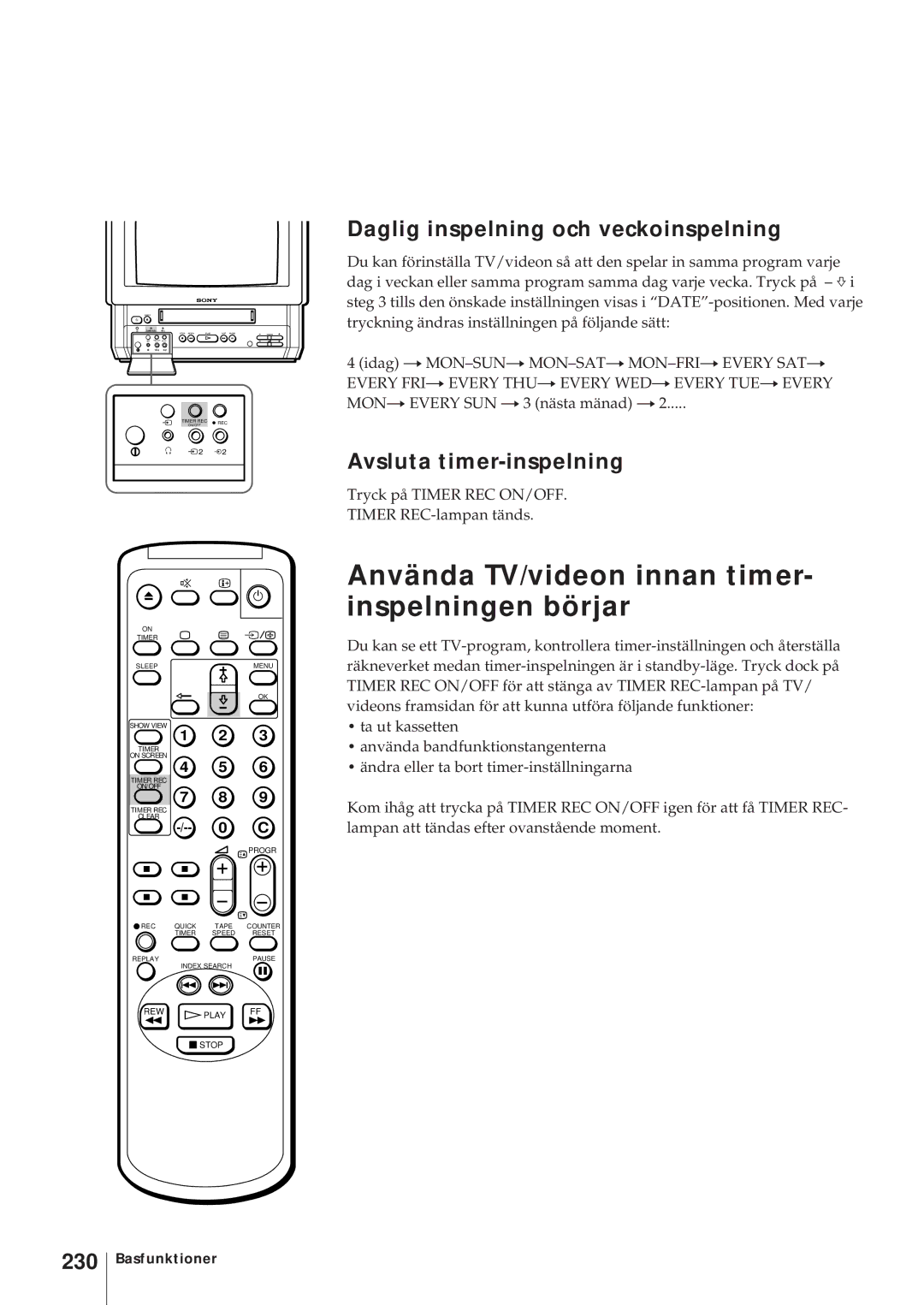 Sony KV-14V5D, KV-14V6D Använda TV/videon innan timer- inspelningen börjar, Daglig inspelning och veckoinspelning, 230 