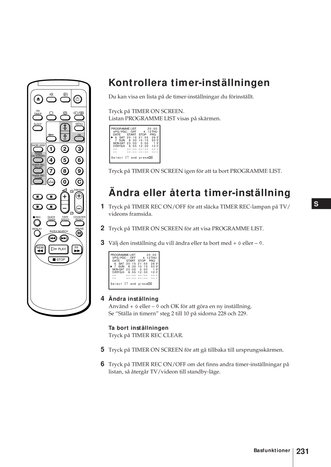 Sony KV-21V5D, KV-14V6D, KV-21V6D, KV-14V5D Kontrollera timer-inställningen, Ändra eller återta timer-inställning, 231 