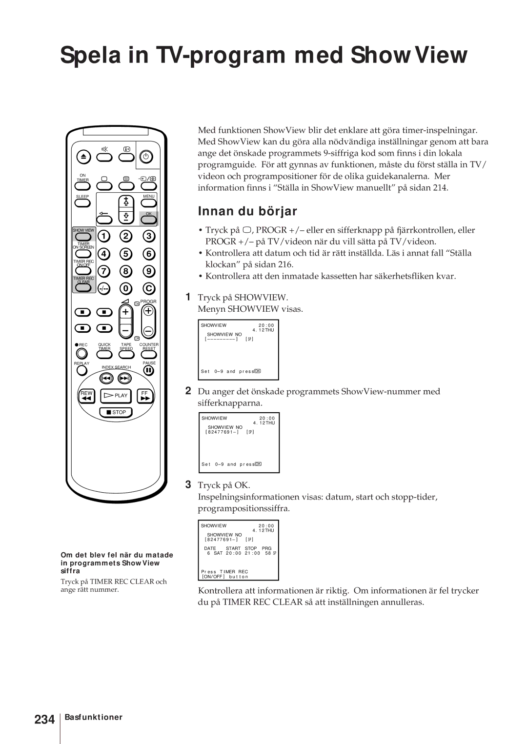 Sony KV-14V5D, KV-14V6D, KV-21V6D, KV-21V5D operating instructions Spela in TV-program med ShowView, 234 