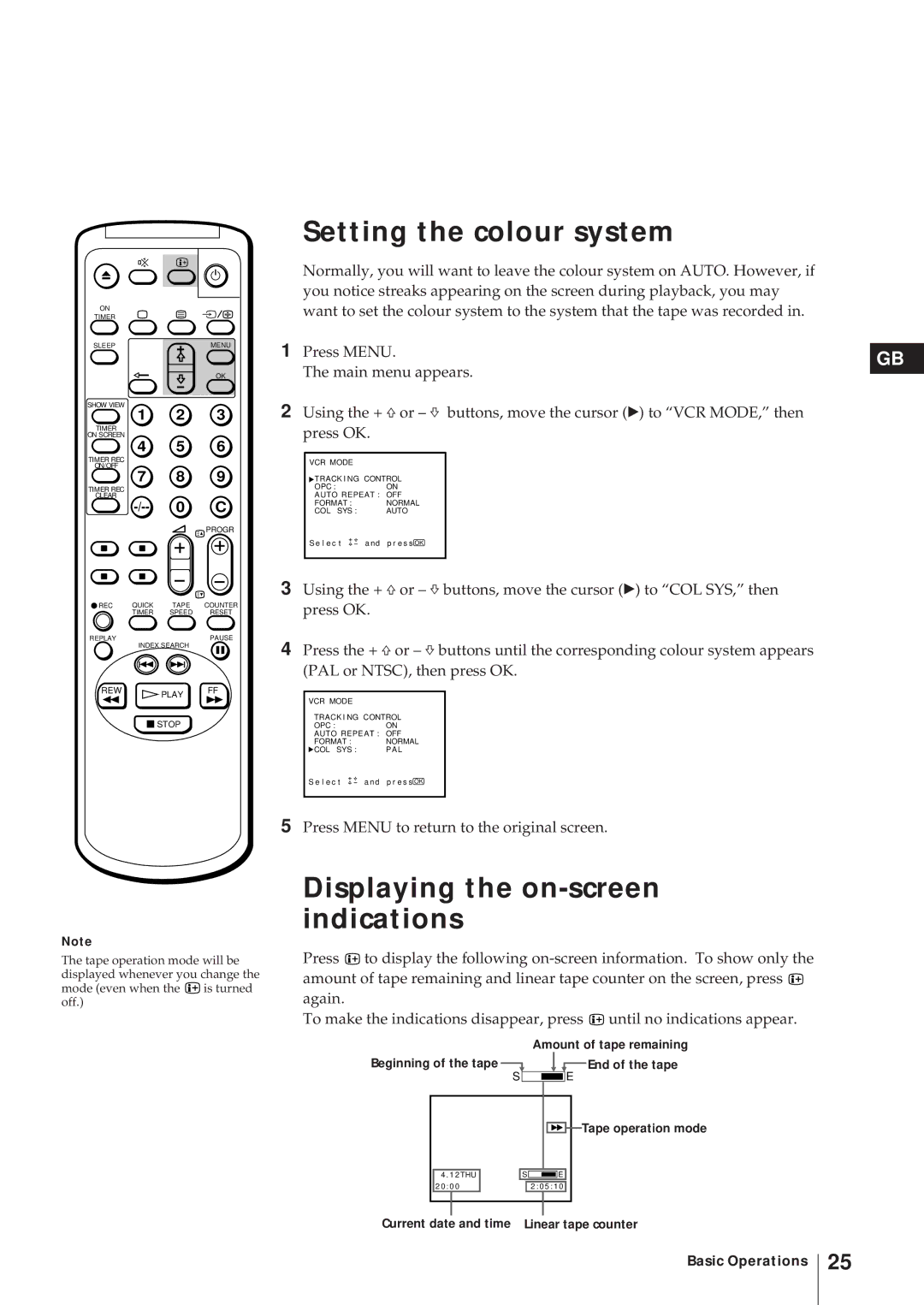 Sony KV-21V6D, KV-14V6D, KV-14V5D Setting the colour system, Displaying the on-screen indications, Amount of tape remaining 