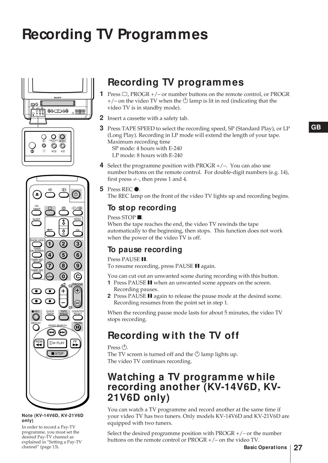 Sony KV-21V5D, KV-14V6D Recording TV Programmes, Recording TV programmes, Recording with the TV off, To stop recording 