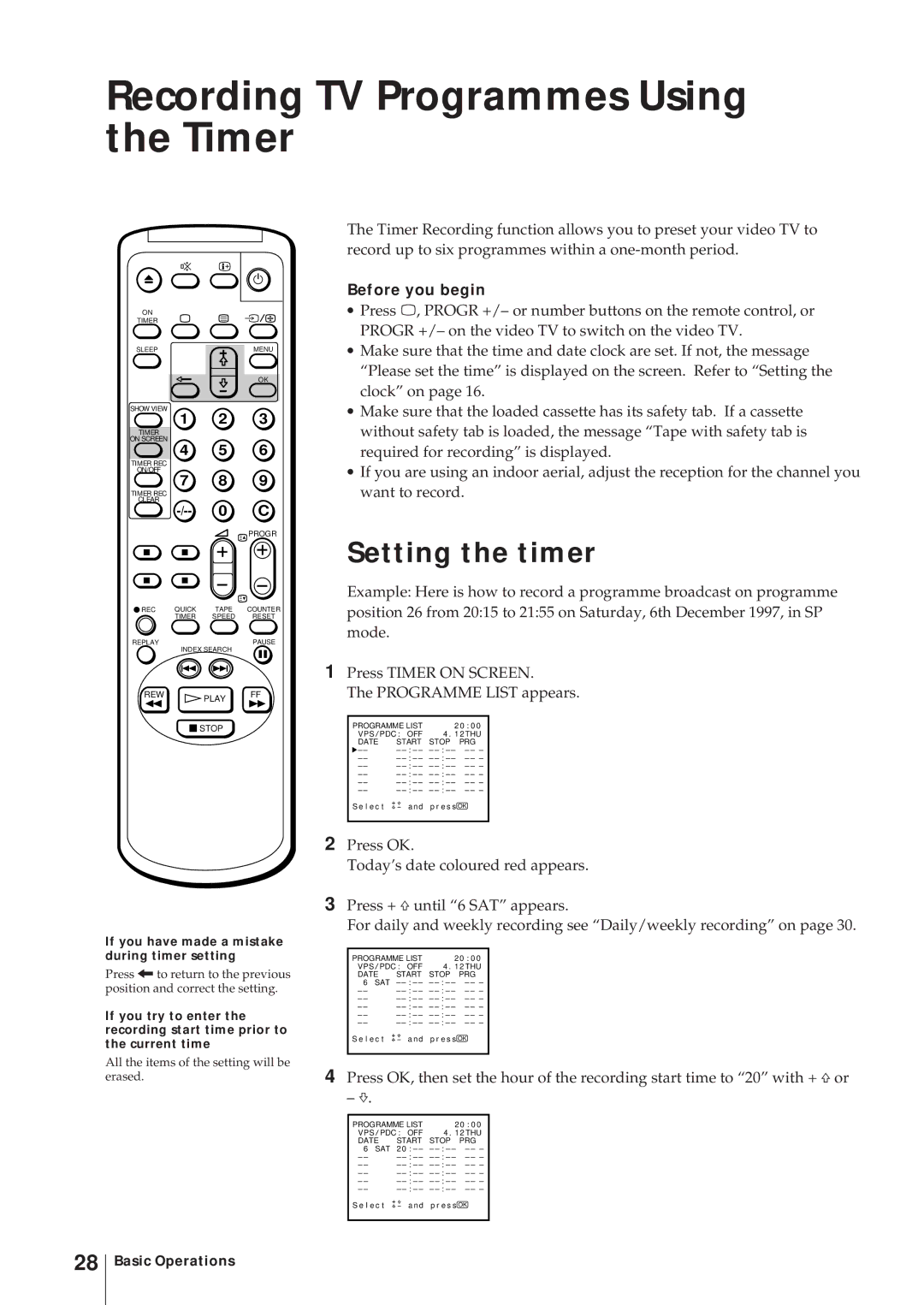 Sony KV-14V6D, KV-21V6D, KV-14V5D, KV-21V5D Recording TV Programmes Using the Timer, Setting the timer, Before you begin 