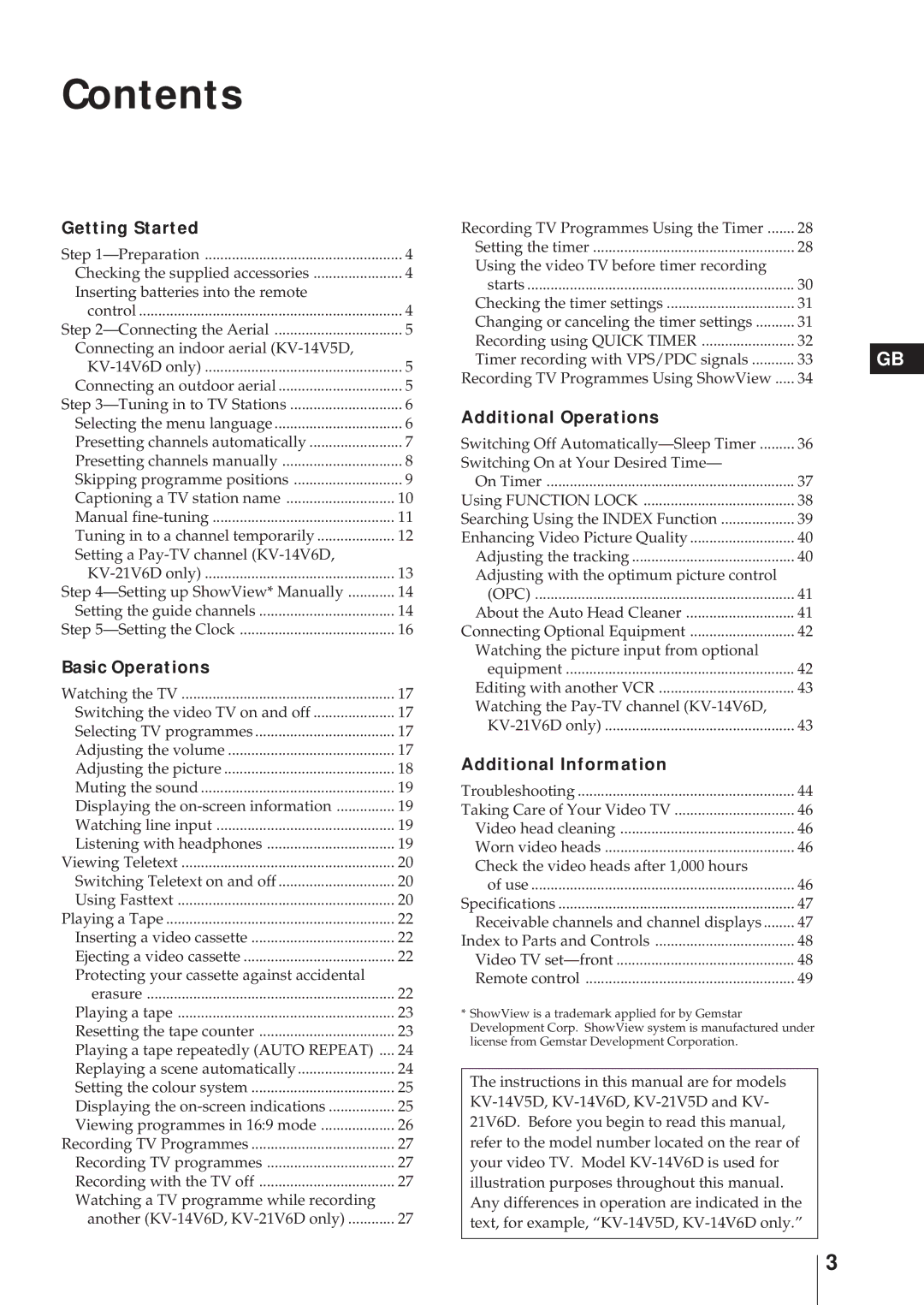 Sony KV-21V5D, KV-14V6D, KV-21V6D, KV-14V5D operating instructions Contents 