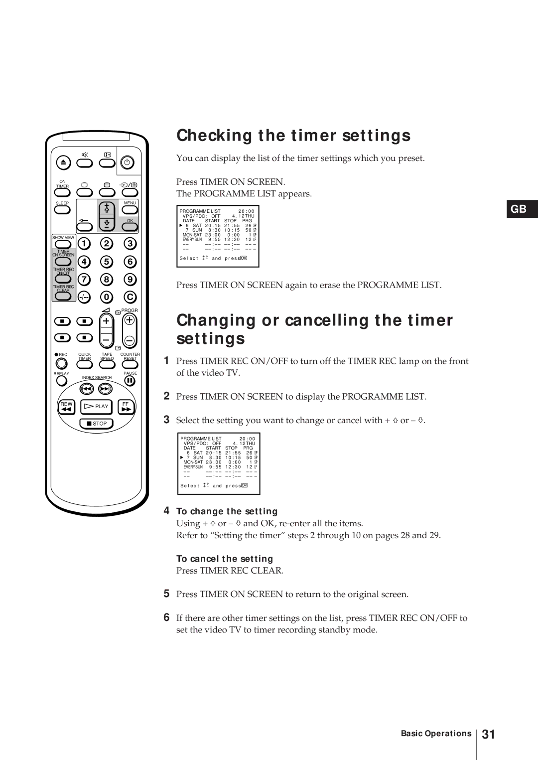 Sony KV-21V5D, KV-14V6D Checking the timer settings, Changing or cancelling the timer settings, To change the setting 