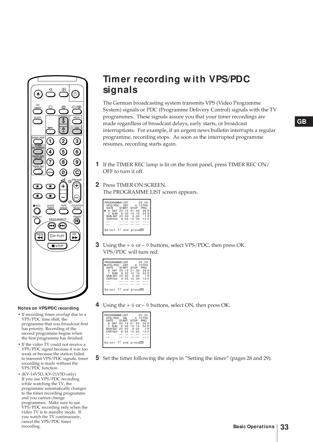 Sony KV-21V6D, KV-14V6D, KV-14V5D Timer recording with VPS/PDC signals, Using the + ×or Ãbuttons, select ON, then press OK 