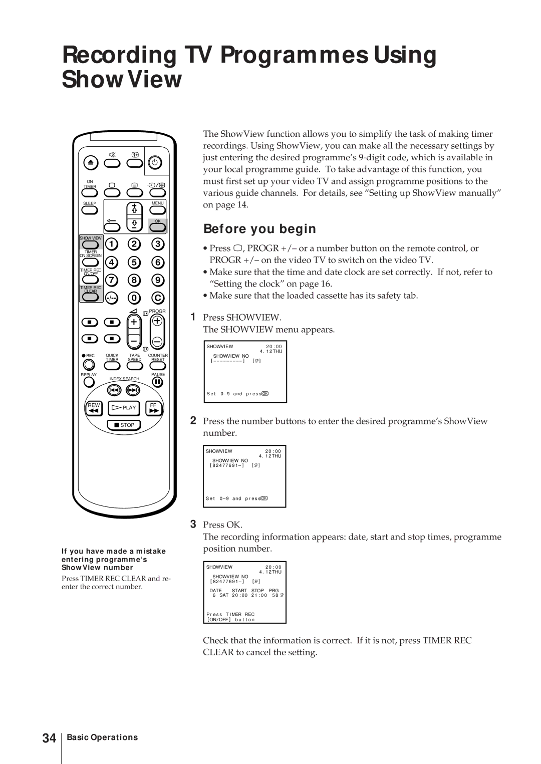 Sony KV-14V5D, KV-14V6D, KV-21V6D, KV-21V5D operating instructions Recording TV Programmes Using ShowView, Before you begin 