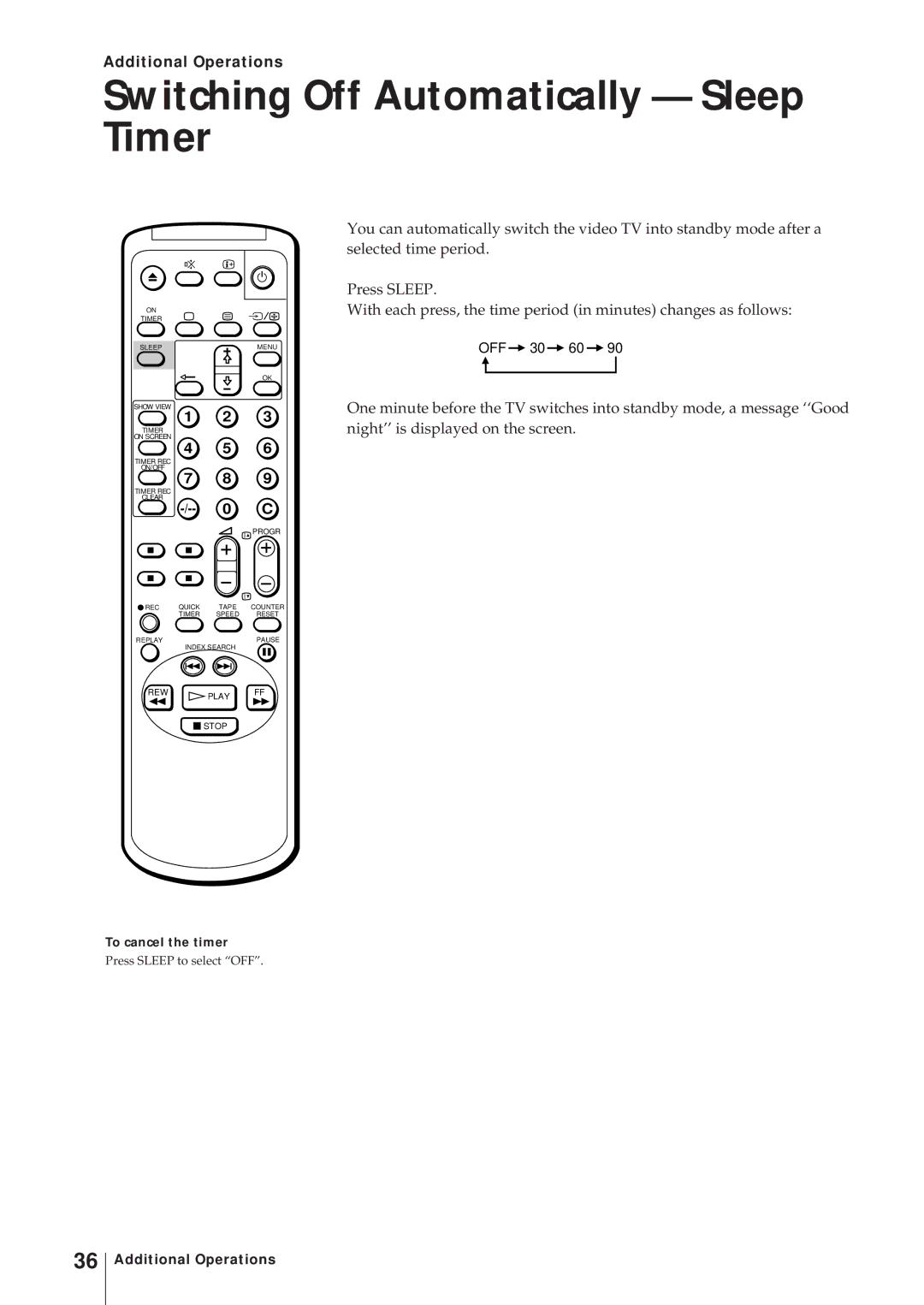 Sony KV-14V6D, KV-21V6D, KV-14V5D Switching Off Automatically Sleep Timer, Additional Operations, To cancel the timer 