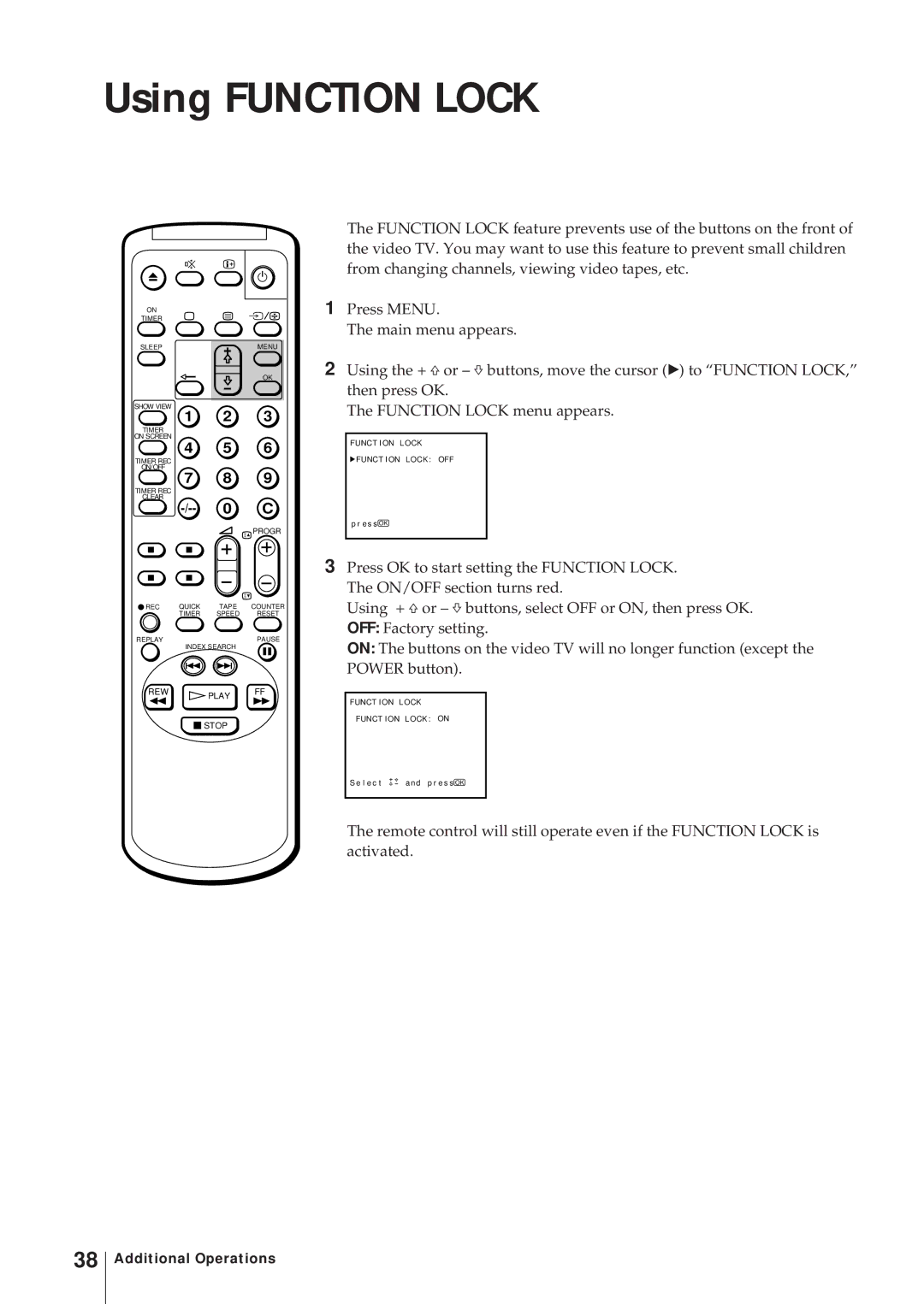 Sony KV-14V5D, KV-14V6D, KV-21V6D, KV-21V5D operating instructions Using Function Lock 