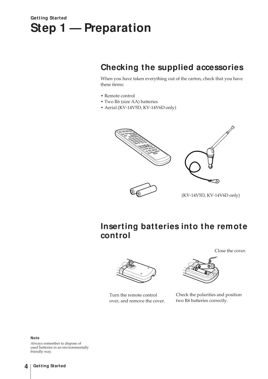 Sony KV-14V6D Preparation, Checking the supplied accessories, Inserting batteries into the remote control, Getting Started 