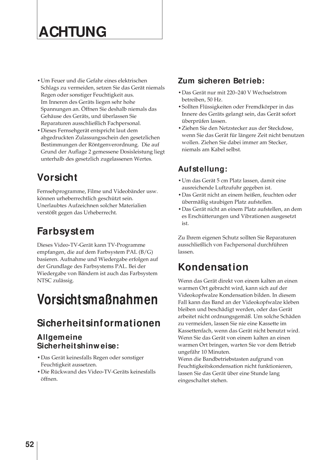 Sony KV-14V6D, KV-21V6D, KV-14V5D, KV-21V5D Vorsicht, Farbsystem, Sicherheitsinformationen, Kondensation 