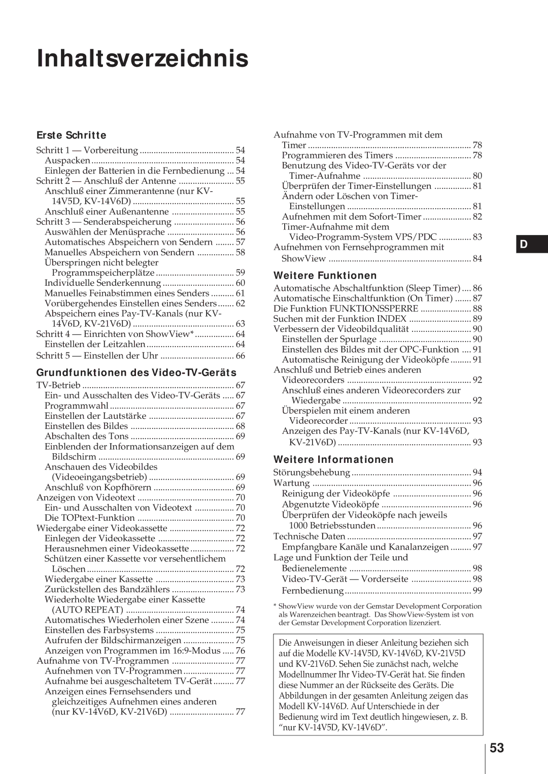 Sony KV-21V6D, KV-14V6D, KV-14V5D, KV-21V5D operating instructions Inhaltsverzeichnis, Erste Schritte 