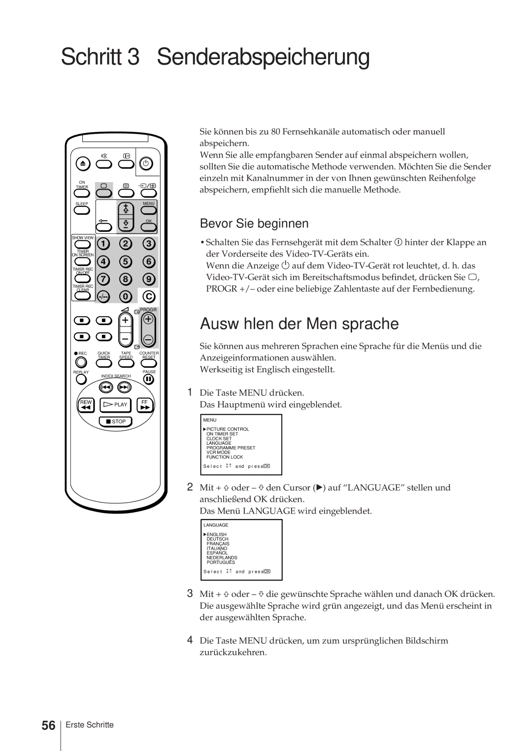 Sony KV-14V6D, KV-21V6D, KV-14V5D, KV-21V5D Schritt 3 Senderabspeicherung, Auswählen der Menüsprache, Bevor Sie beginnen 