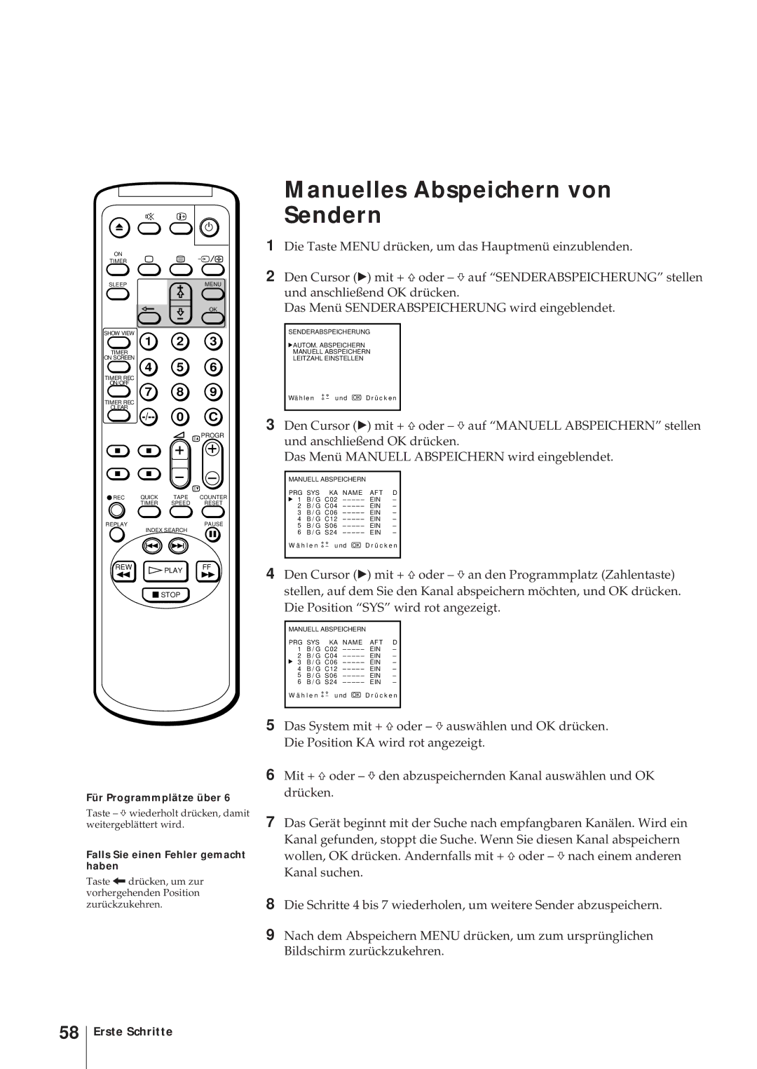 Sony KV-14V5D, KV-14V6D Manuelles Abspeichern von Sendern, Für Programmplätze über, Falls Sie einen Fehler gemacht haben 