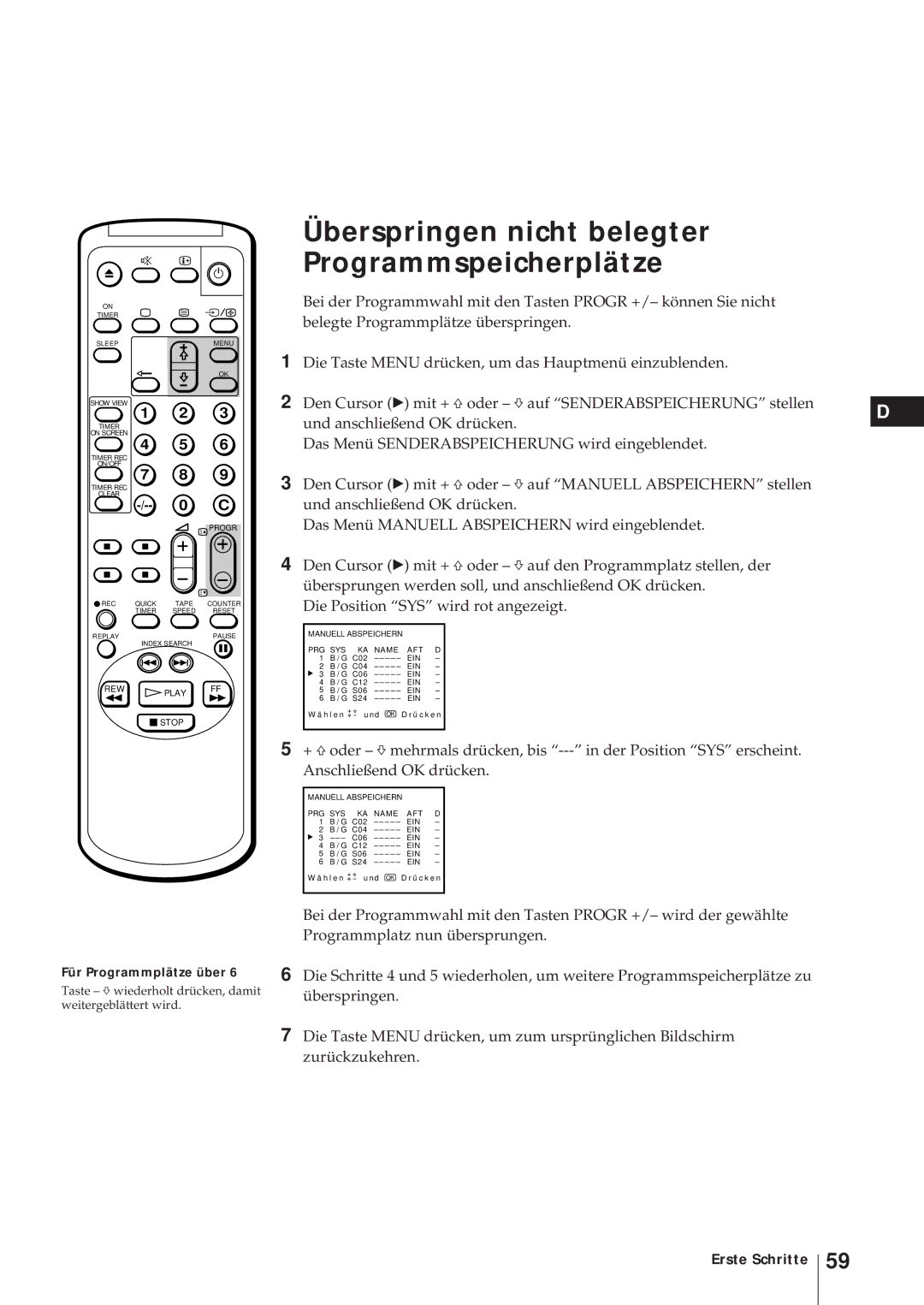 Sony KV-21V5D, KV-14V6D, KV-21V6D, KV-14V5D operating instructions Manuell Abspeichern PRG SYS Name AFT 