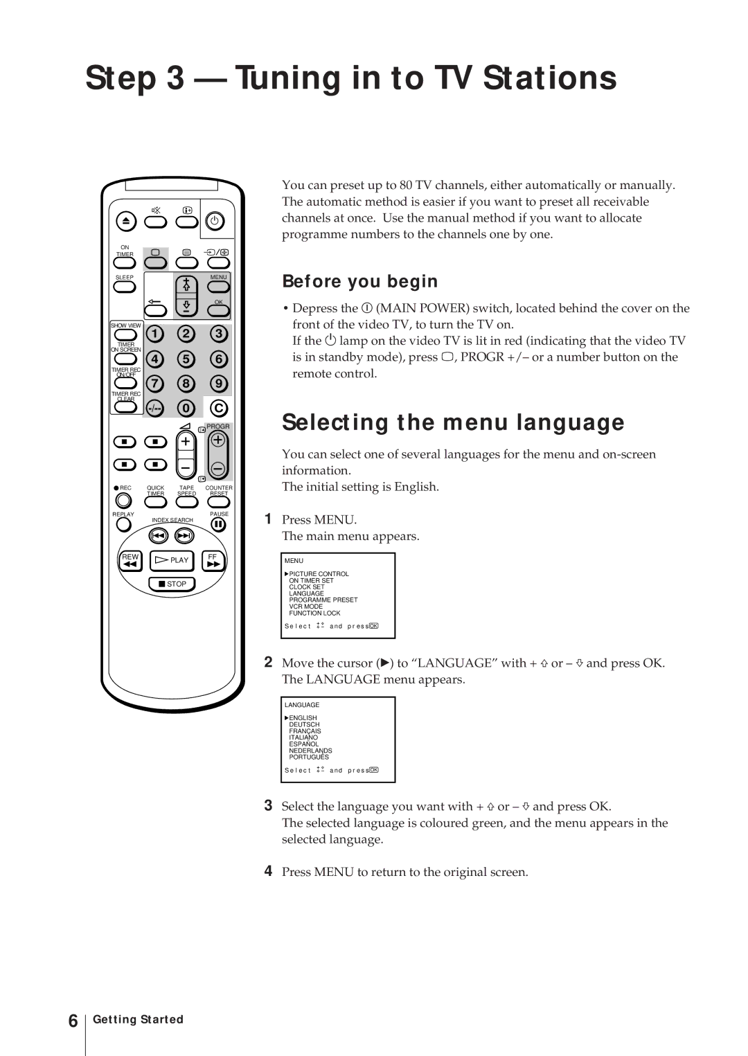 Sony KV-14V5D, KV-14V6D, KV-21V6D, KV-21V5D Tuning in to TV Stations, Selecting the menu language, Before you begin 