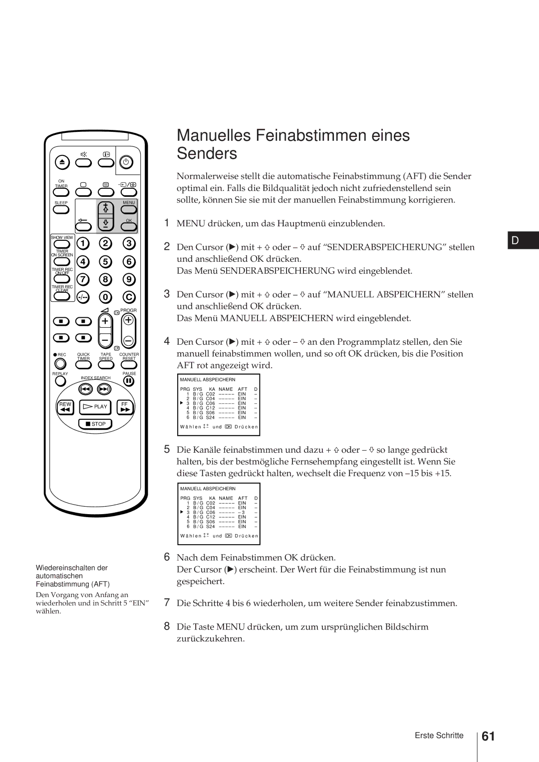 Sony KV-21V6D, KV-14V6D, KV-14V5D, KV-21V5D operating instructions Wiedereinschalten der automatischen Feinabstimmung AFT 