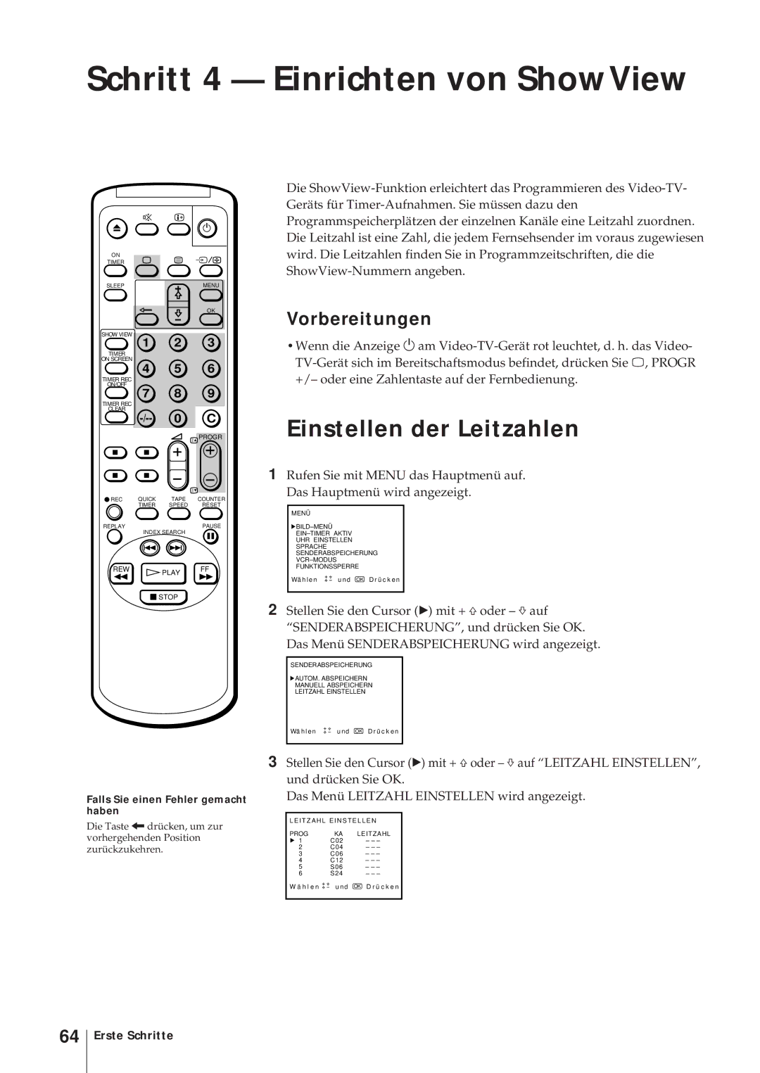 Sony KV-14V6D, KV-21V6D, KV-14V5D, KV-21V5D Schritt 4 Einrichten von ShowView, Einstellen der Leitzahlen, Vorbereitungen 