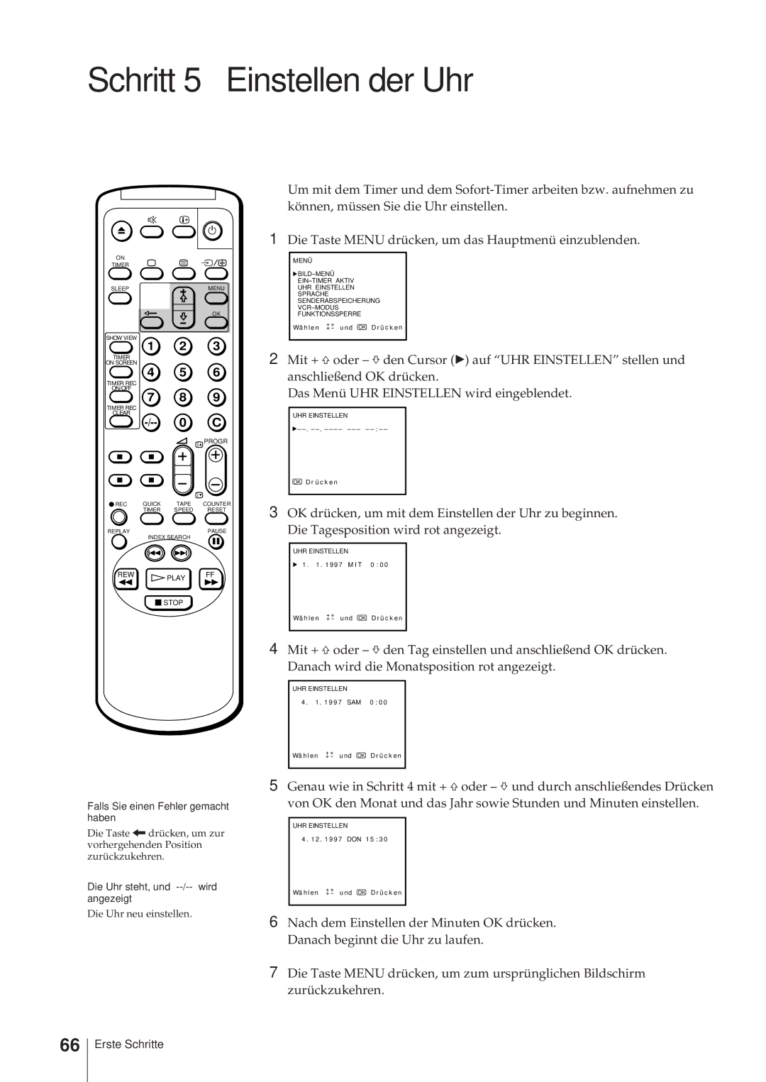 Sony KV-14V5D, KV-14V6D, KV-21V6D, KV-21V5D Schritt 5 Einstellen der Uhr, Die Uhr steht, und --/-- wird angezeigt 