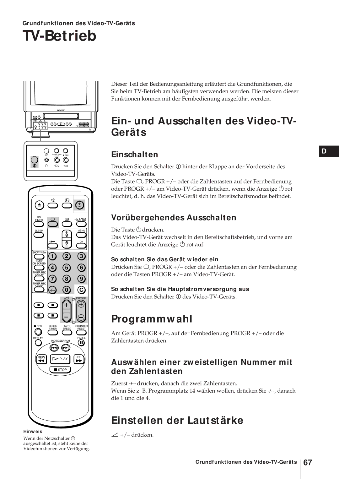 Sony KV-21V5D, KV-14V6D TV-Betrieb, Ein- und Ausschalten des Video-TV- Geräts, Programmwahl, Einstellen der Lautstärke 