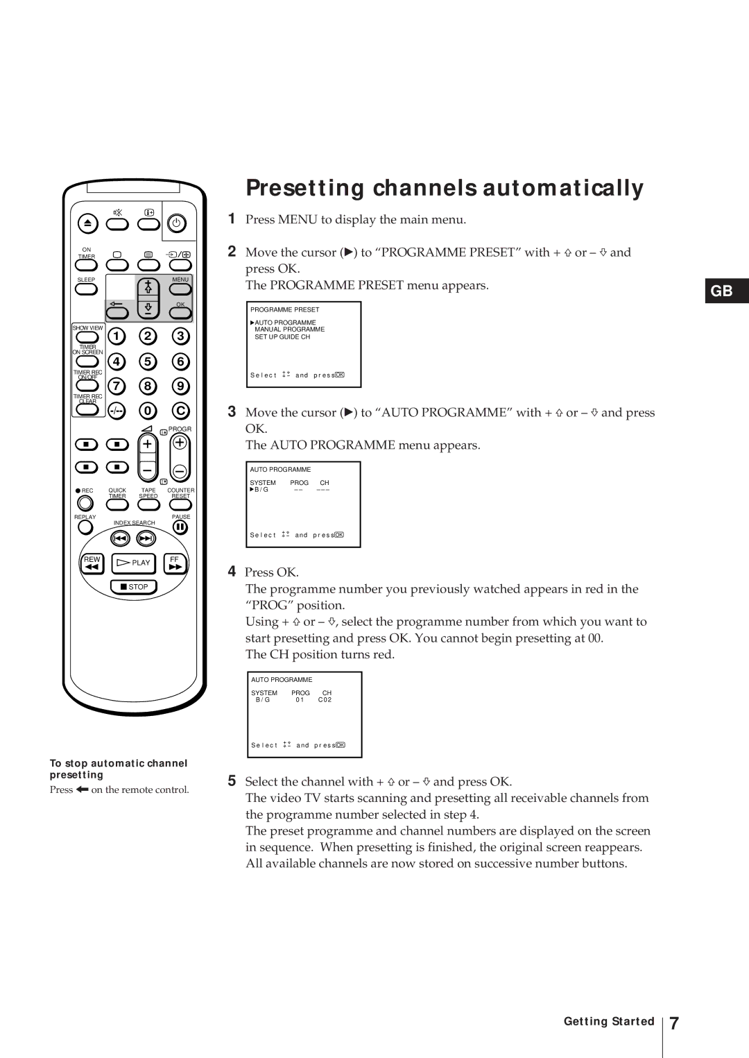 Sony KV-21V5D, KV-14V6D, KV-21V6D, KV-14V5D Presetting channels automatically, To stop automatic channel presetting 