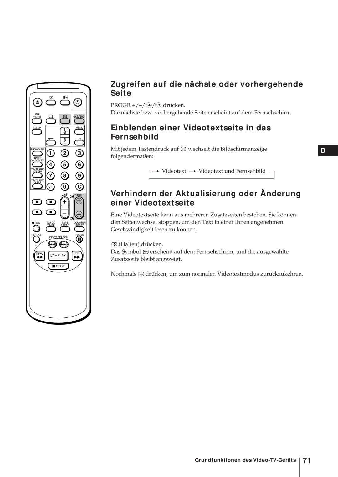 Sony KV-21V5D Zugreifen auf die nächste oder vorhergehende Seite, Einblenden einer Videotextseite in das Fernsehbild 