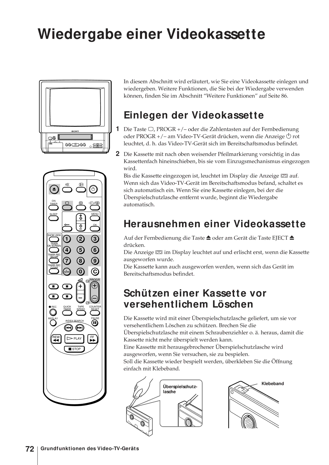 Sony KV-14V6D Wiedergabe einer Videokassette, Einlegen der Videokassette, Herausnehmen einer Videokassette, Klebeband 