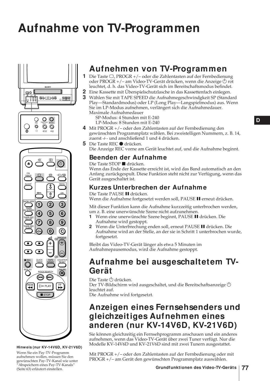 Sony KV-21V6D, KV-14V6D Aufnahme von TV-Programmen, Aufnehmen von TV-Programmen, Aufnahme bei ausgeschaltetem TV- Gerät 