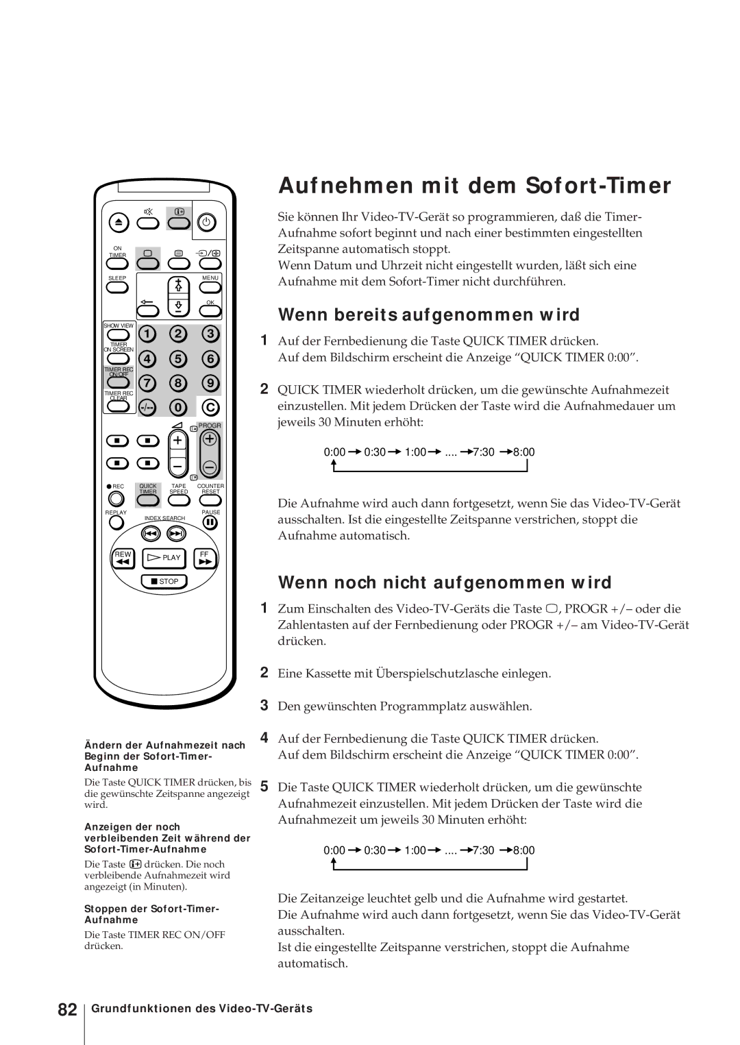 Sony KV-14V5D, KV-14V6D Aufnehmen mit dem Sofort-Timer, Wenn bereits aufgenommen wird, Wenn noch nicht aufgenommen wird 