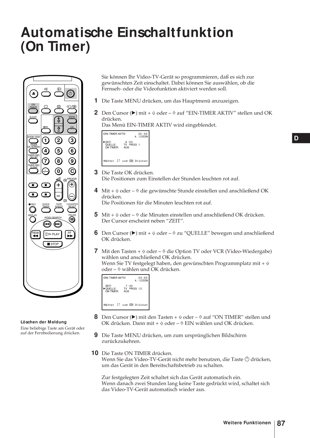 Sony KV-21V5D, KV-14V6D, KV-21V6D, KV-14V5D Automatische Einschaltfunktion On Timer, Löschen der Meldung 