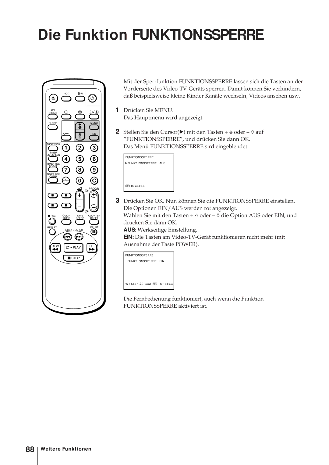 Sony KV-14V6D, KV-21V6D, KV-14V5D, KV-21V5D operating instructions Die Funktion Funktionssperre 