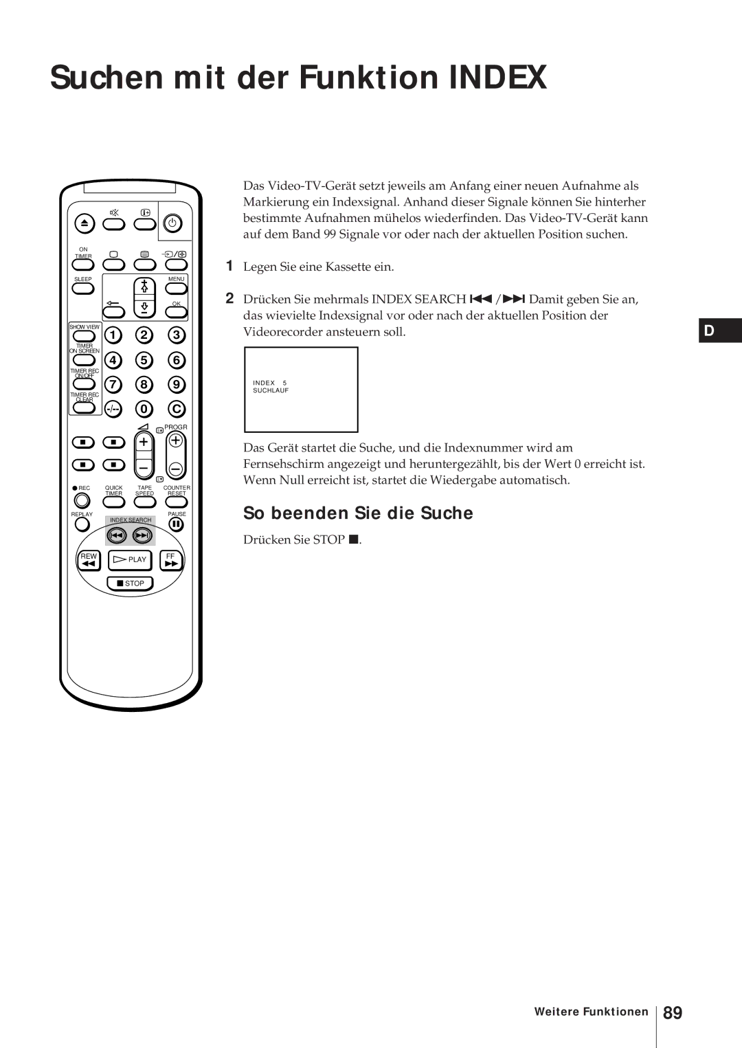 Sony KV-21V6D, KV-14V6D, KV-14V5D, KV-21V5D operating instructions Suchen mit der Funktion Index, So beenden Sie die Suche 