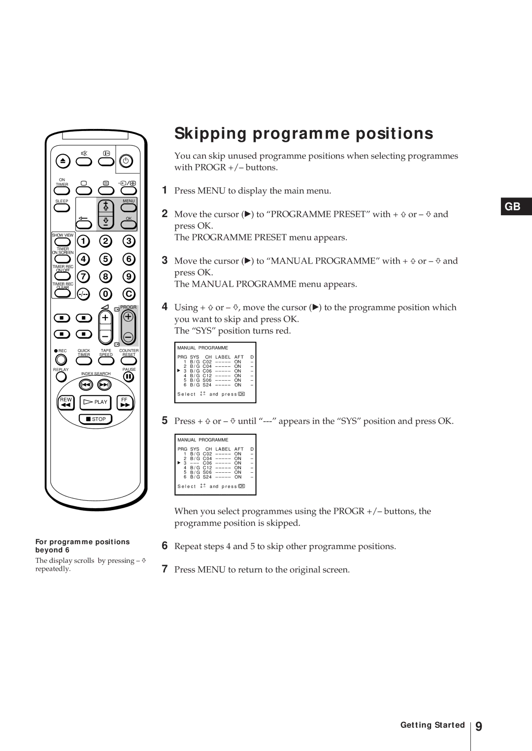 Sony KV-21V6D, KV-14V6D, KV-14V5D, KV-21V5D operating instructions Skipping programme positions 