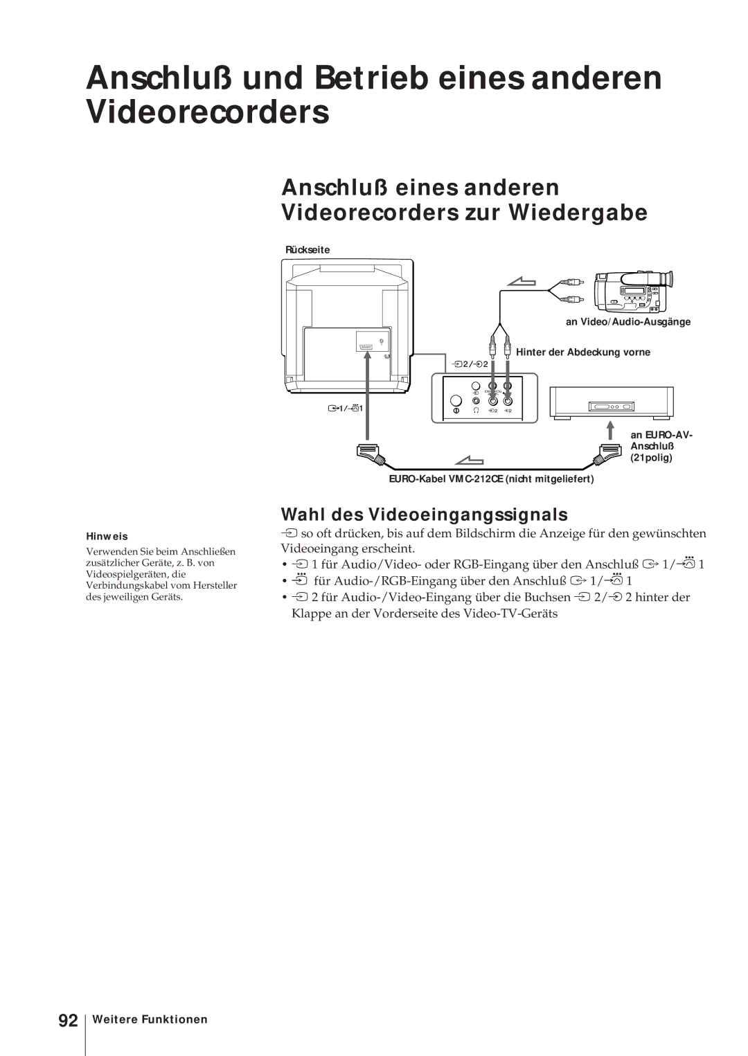 Sony KV-14V6D Anschluß und Betrieb eines anderen Videorecorders, Anschluß eines anderen Videorecorders zur Wiedergabe 