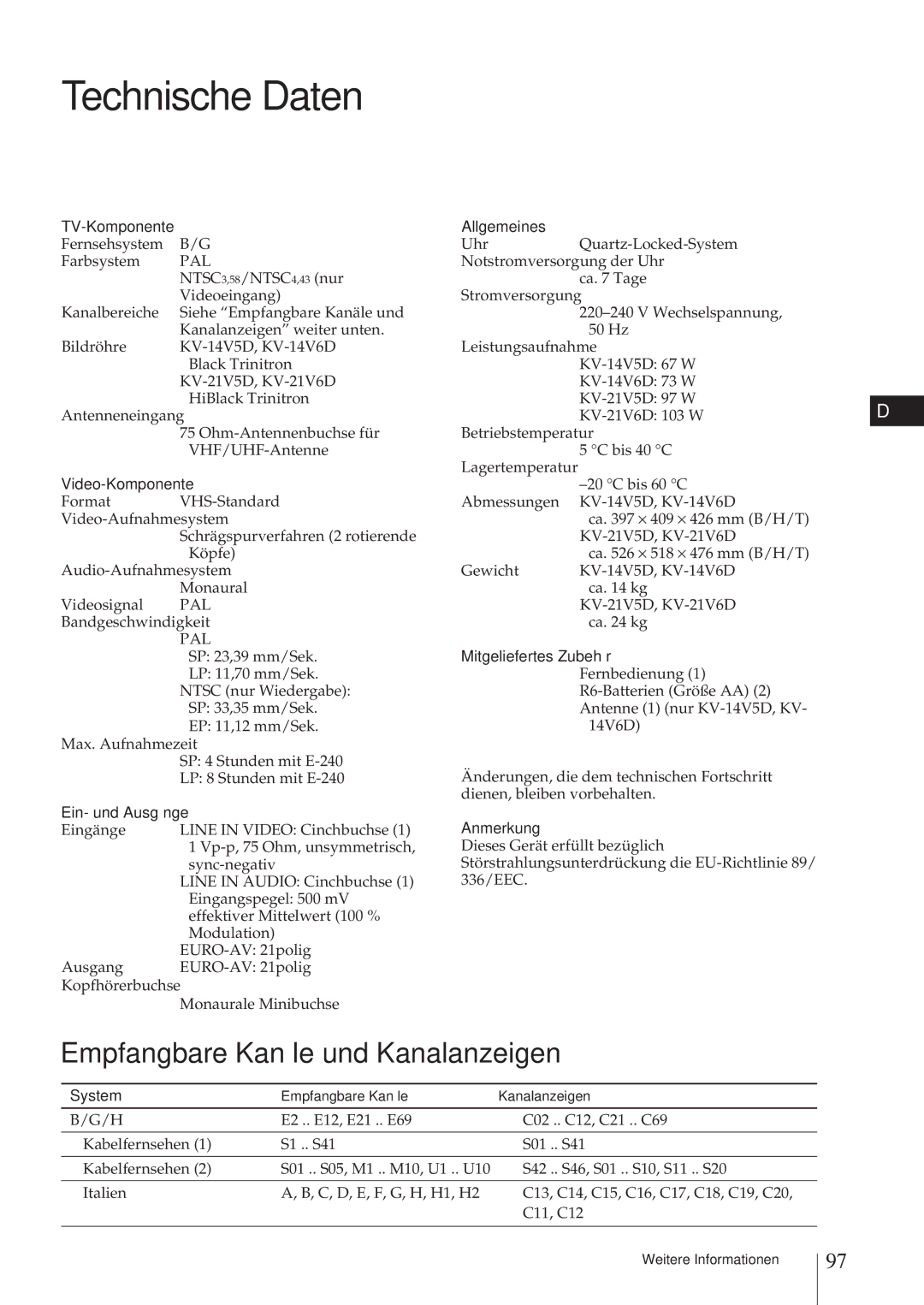 Sony KV-21V6D, KV-14V6D, KV-14V5D, KV-21V5D operating instructions Technische Daten, Empfangbare Kanäle und Kanalanzeigen 